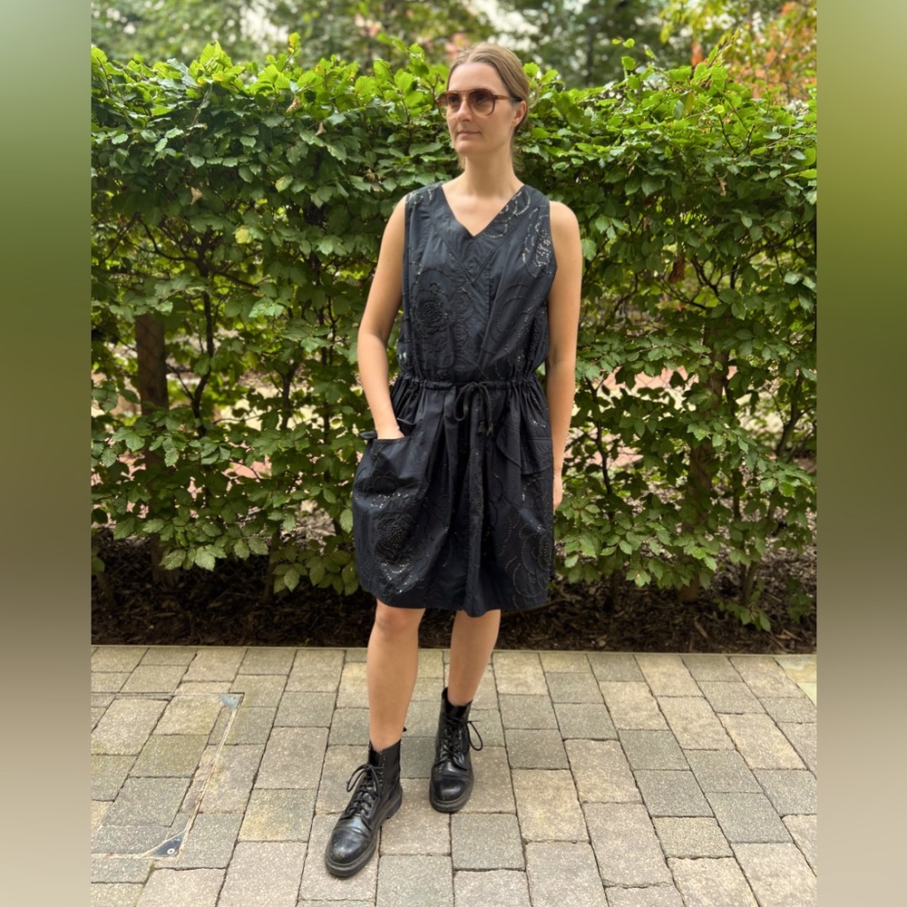 Dries Van Noten Navy Blue Drop Waist Cotton Tank Dress w/Sequin Détail Sz 40